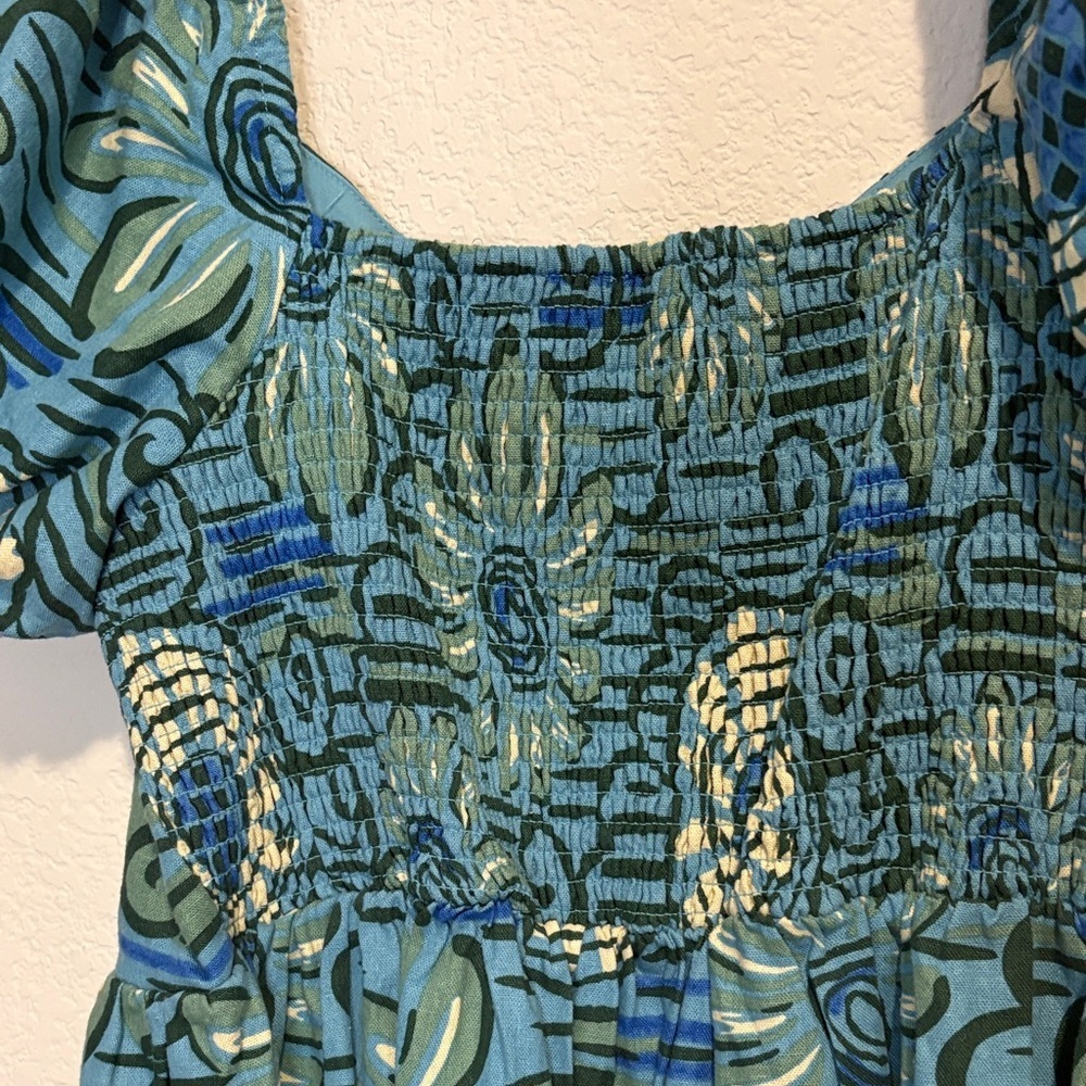 House of Harlow 1960 L blue and Green Abstract Patterned puff sleeve Mini Dress - Picture 6 of 6